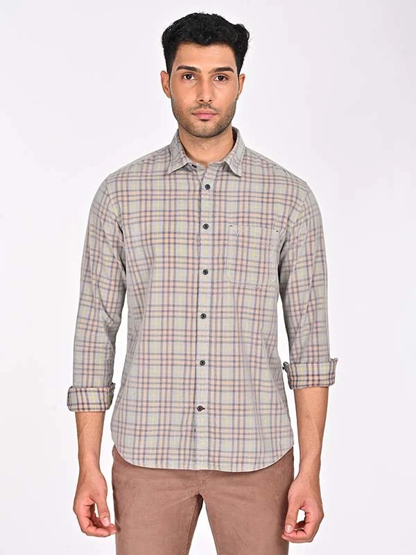 Indian Terrain Men's Regular Fit Full Sleeve Checkered Grey Shirt